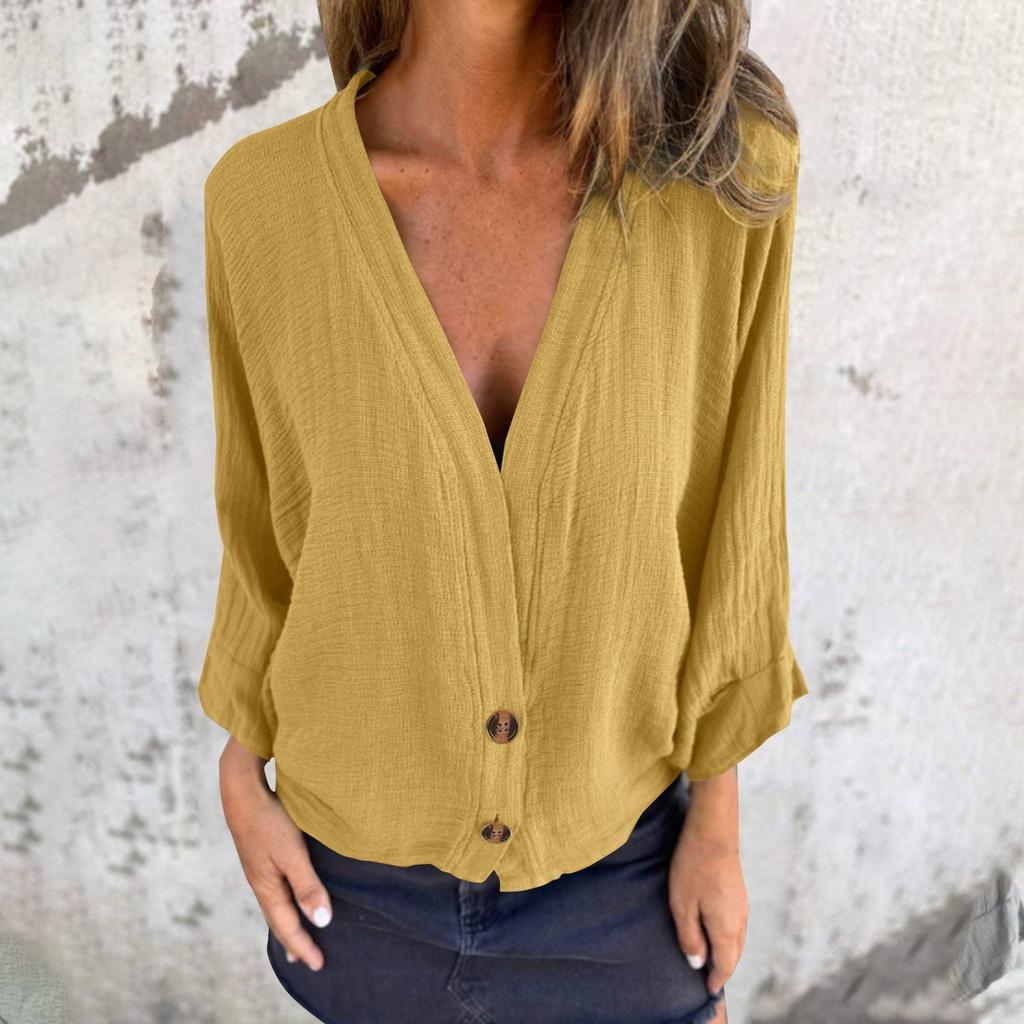 Women's Fashion Solid Color V-neck Button Casual Loose 3/4 Sleeve Top Jacket