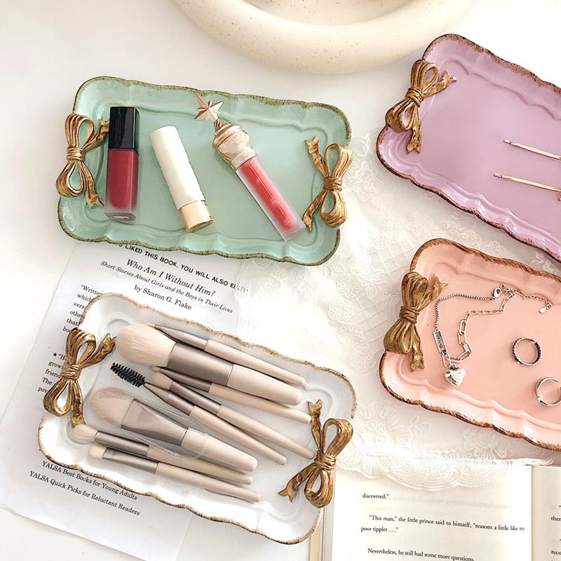 1 шт. Бант Романтическая десертная тарелка Цвет французского макарона Модный поднос из смолы с золотым покрытием