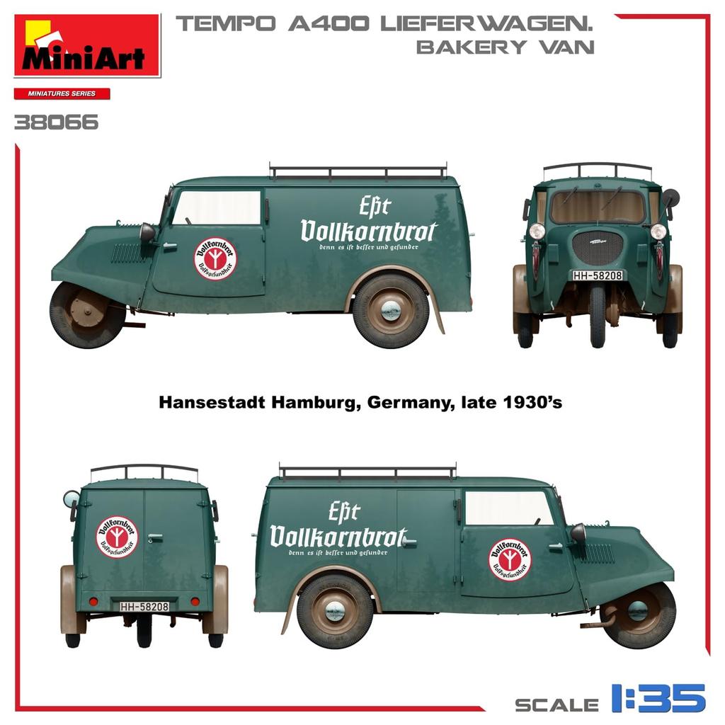 Пластиковый фургон для пекарни Miniart Tempo A400 Liefer Wagen, пластиковая модель MA38066, 1/35