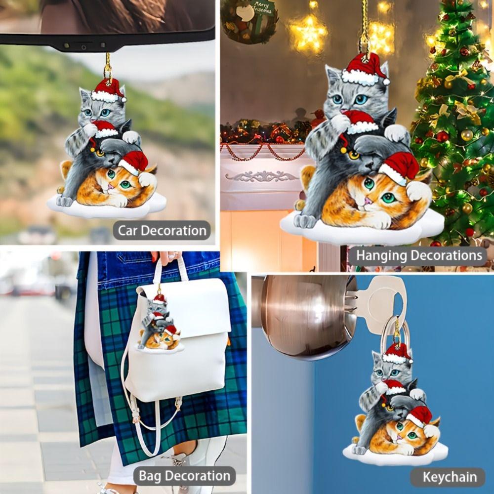 Плоская шляпа Санта-Клауса Подвеска для кошек 2D Рождественские украшения Акриловая подвеска для украшения кошки Автомобиль заднего вида