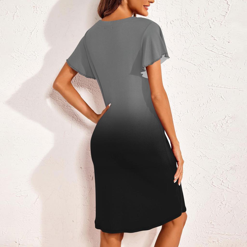 Женская модная расклешенная пижама с коротким рукавом и V-образным вырезом, повседневное платье с градиентом на пуговицах