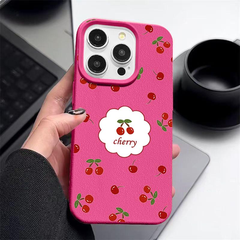 Чехол из мягкой противоударной матовой кожи с вишневым узором для iPhone 16 Pro 15 14 13 12 Pro Max 11