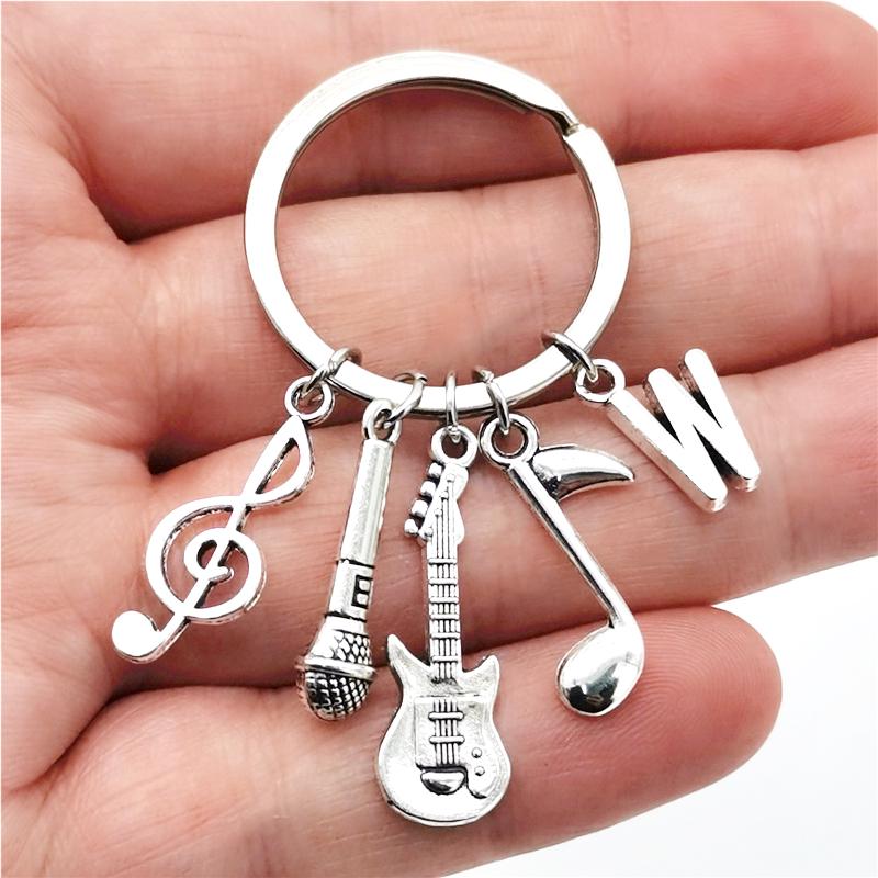 26 Letters Music Keychain Music Note Guitar Pendant Key Chain Microphone Keyring Creative Jewelry Gifts