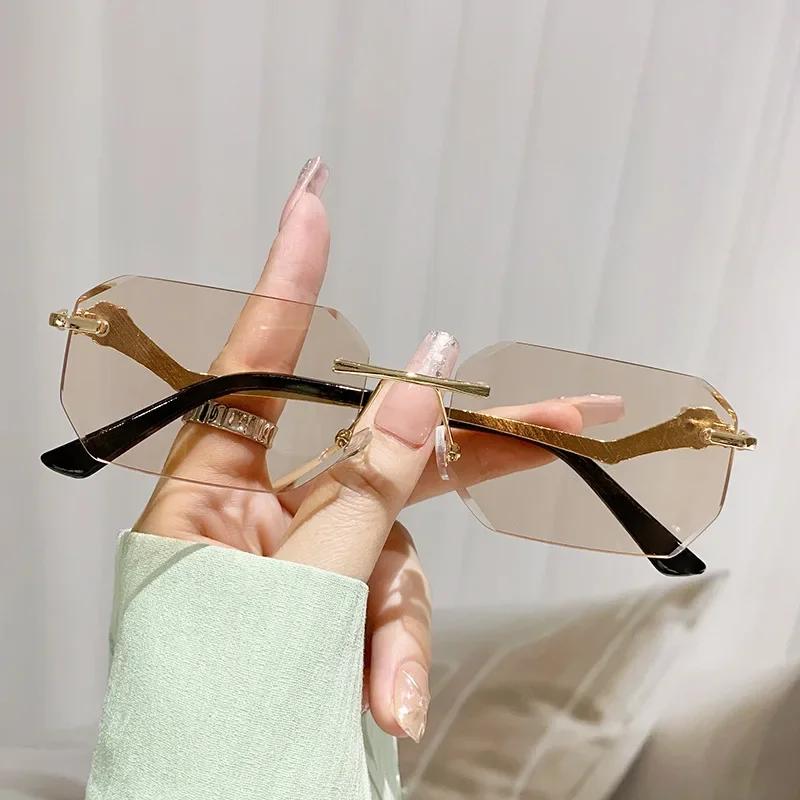 Новые Модные Тренд Маленькие Прямоугольные Солнцезащитные Очки Ретро Металлические Безободковые Градиентные Линзы UV400