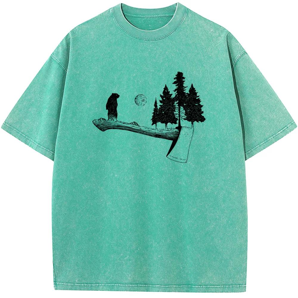 Little Bear Ax Protects The Forest Cotton O-Neck Washed T-Shirt Novelty Casual Loose Bleach T Shirt Summer Bleached Tshirt