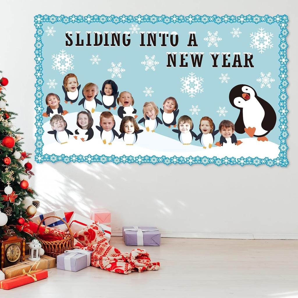 70PCS Winter Penguin Snowflakes Cutouts Kit DIY Photo Sliding INTO A New Year Bulletin Board Set for School Holidays Classroom Decor