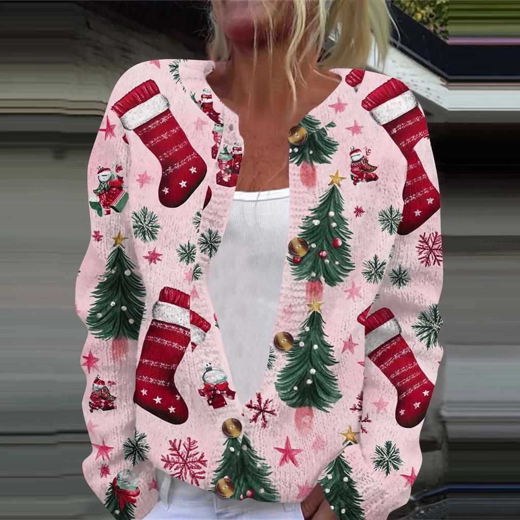 Women's Fashion Christmas Printed Long Sleeve Knitted Cardigan Button Down Jacket