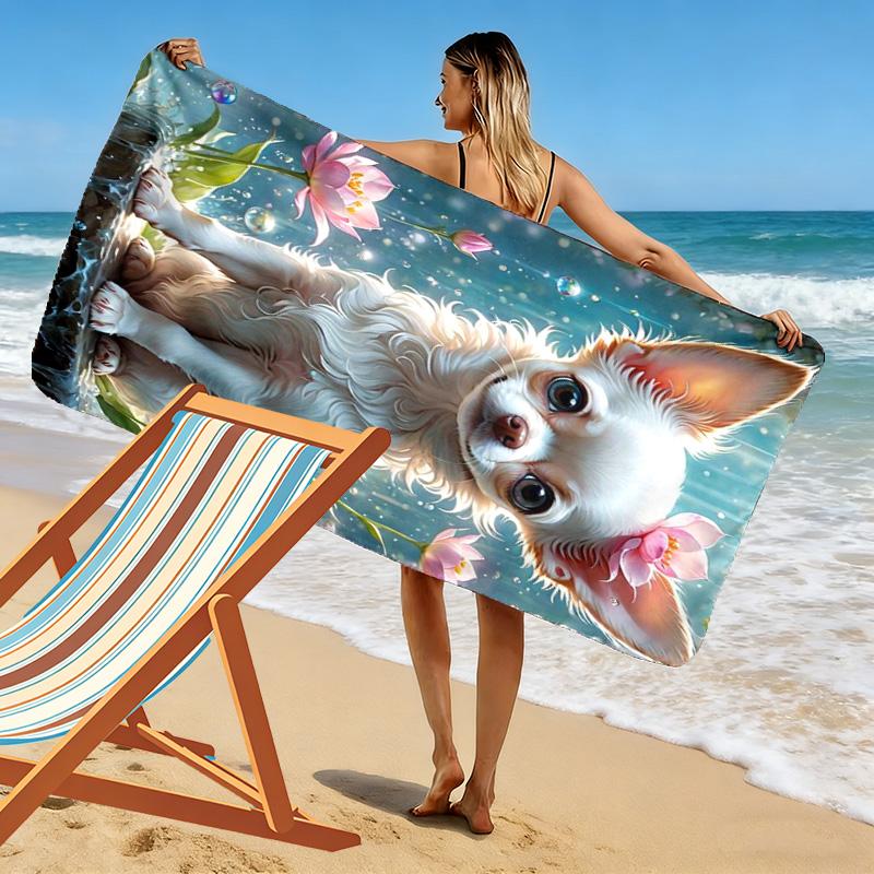 Charming Chihuahua and Flowers 2D Flat Print Beach Towel, Large Soft Quick Dry Towel for Beach Camping SwimmingSSTJ0917431