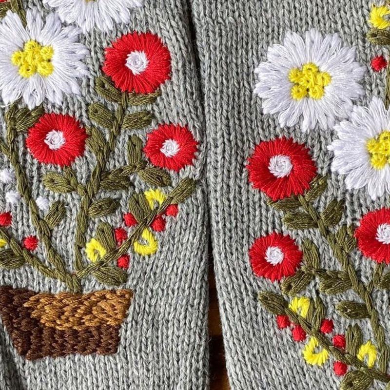 Cartoon Embroidered Hand Gloves Stretchy Knitted Mittens Fingerless Hand Warmer Flower Embroidery Half Finger Mittens