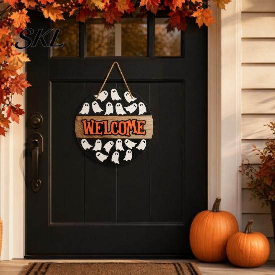 Outdoor Halloween Decoration Hanging Door Sign, Wooden Front Hanger Wreath, Cute Seasonal Sign Ghost Welcome for Porch Wall Indoor Home Durable