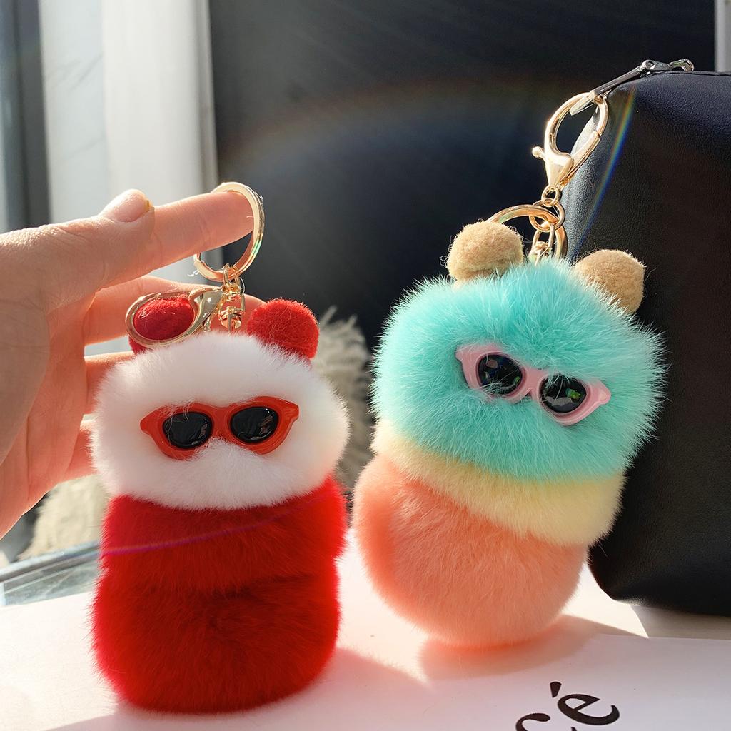 Cute Colorful Plush Caterpillars Keychain With Sunglasses Soft Rabbit Fur Animal Pompom Pendant With Key Rings For Women Handbag