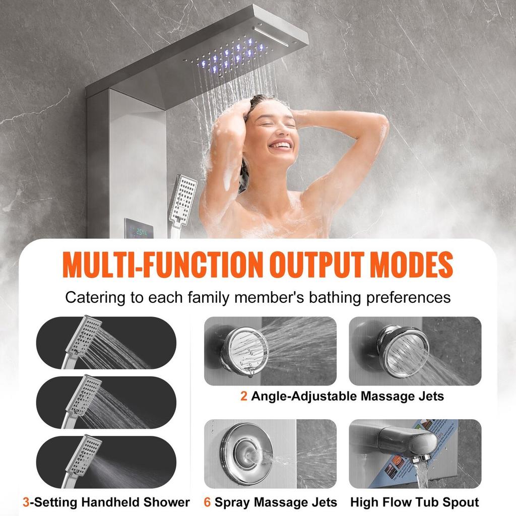 Shower Panel Tower System 6 Modes Hydroelectricity LED Stainless Steel