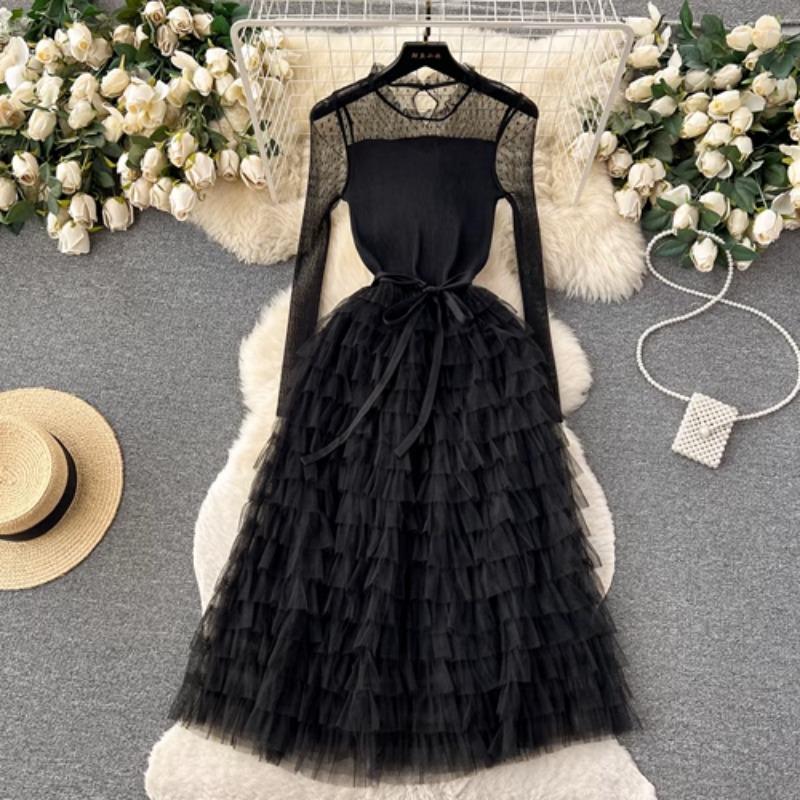 Зима Осень Элегантное Женское Кружевное Сетчатое Ажурное Лоскутное Платье Повседневное Женское Платье А-силуэта С Оборками Вечернее Платье-Торт