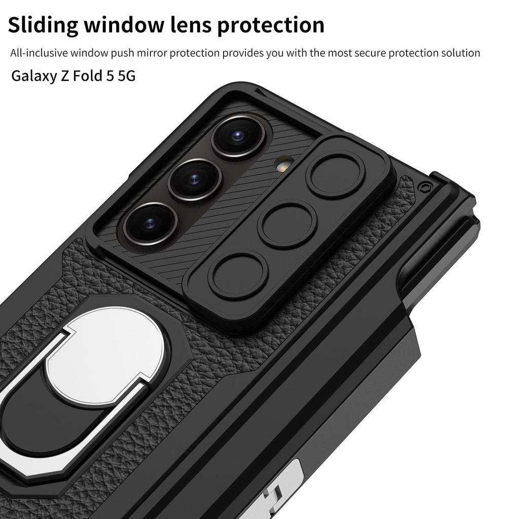 Магнитный кожаный бронированный чехол для Samsung Z Fold 5 с окошком для камеры и держателем для стилуса