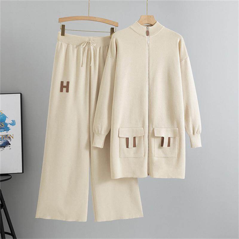 Женский осенне-зимний модный повседневный костюм средней длины, вязаная рубашка с открытым передом, брюки, костюм-двойка