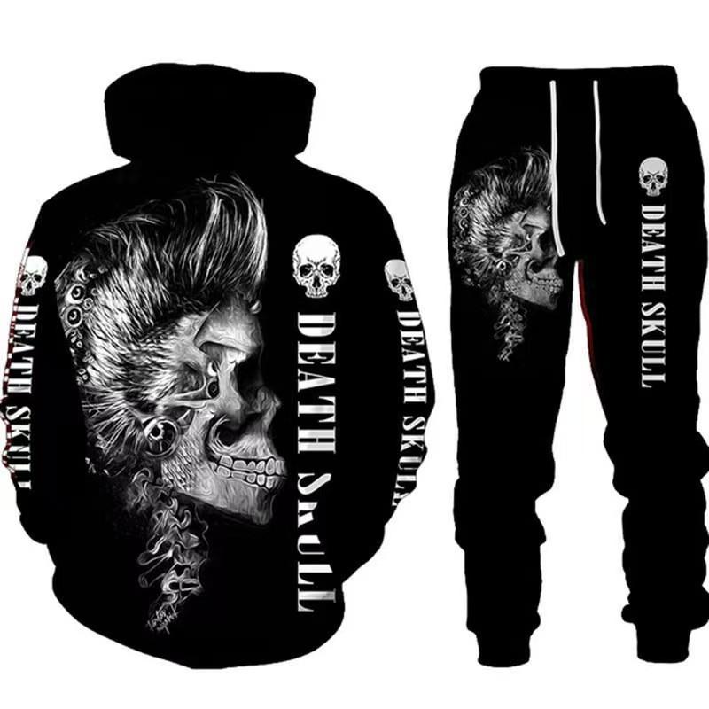 Hot Sale, Stylish 3D Skull Print Punk Sportswear, Pants Hoodie Couple Suit Street Trend
