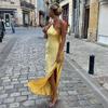 Women Sexy Dress Sloping Collar Sleeveless Open Back Design Long Dress Solid Color Side Slit Design Party Dress