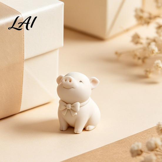 Kawaii Piggy Desk Accessory 3D Printed Cute Bow Tie Pig Figurine Matte Cream White Minimalist Animal Decor Statue Statue Compact Ornament