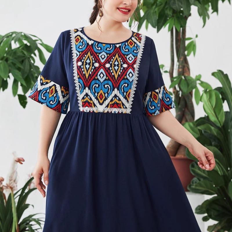 Plus Size Women's New Vintage Print Patchwork Elastic Waist Cover Belly Long Dress