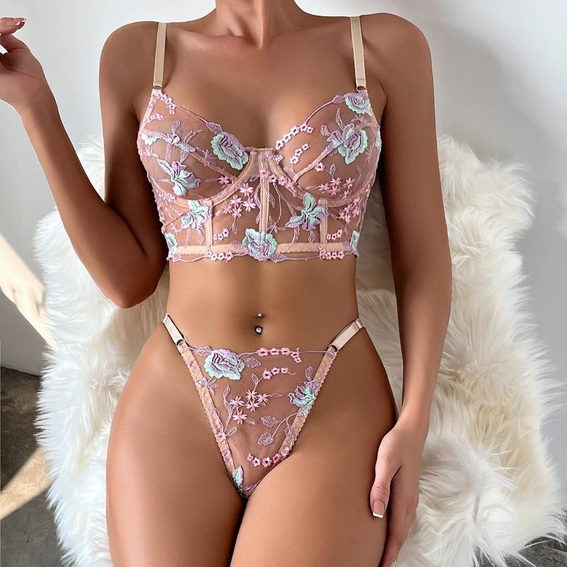 Floral Embroidery Lingerie Set Women Boho Sensual Erotic Sexy 2-Piece Bra + Panty Underwear Set Summer Slim Fashion Chic 2024
