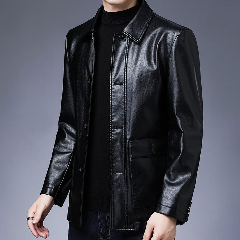 Осенняя новая мужская кожаная куртка, простая и универсальная, из тонкого бархата, однотонная, с лацканами, мужская кожаная куртка для мужчин среднего возраста