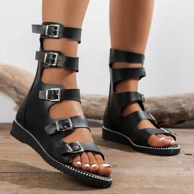 Sandalias De Punta Abierta Para Mujer, Zapatos De Gladiador Planos Con Cremallera Trasera Romana, Informales Para Exteriores,
