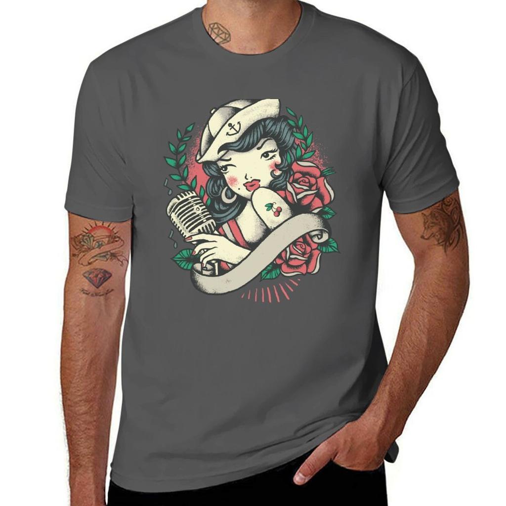 Vintage Pinup Girl T-Shirt T Shirts for Man Slim Fit Funny T Shirts Cotton T-Shirt