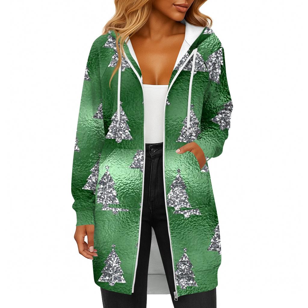 Women's Fashionable Christmas Printed Long Sleeved Drawstring Hooded Zipper Pocket Long Casual Sweatshirt Jacket
