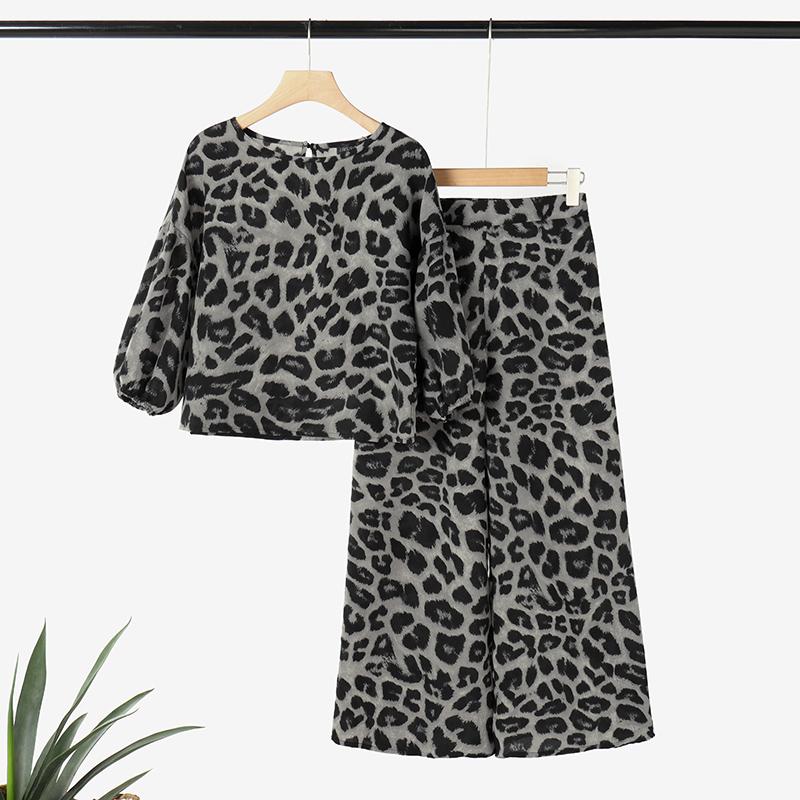 ZANZEA Женская блузка и брюки, повседневный комплект из двух предметов с леопардовым принтом