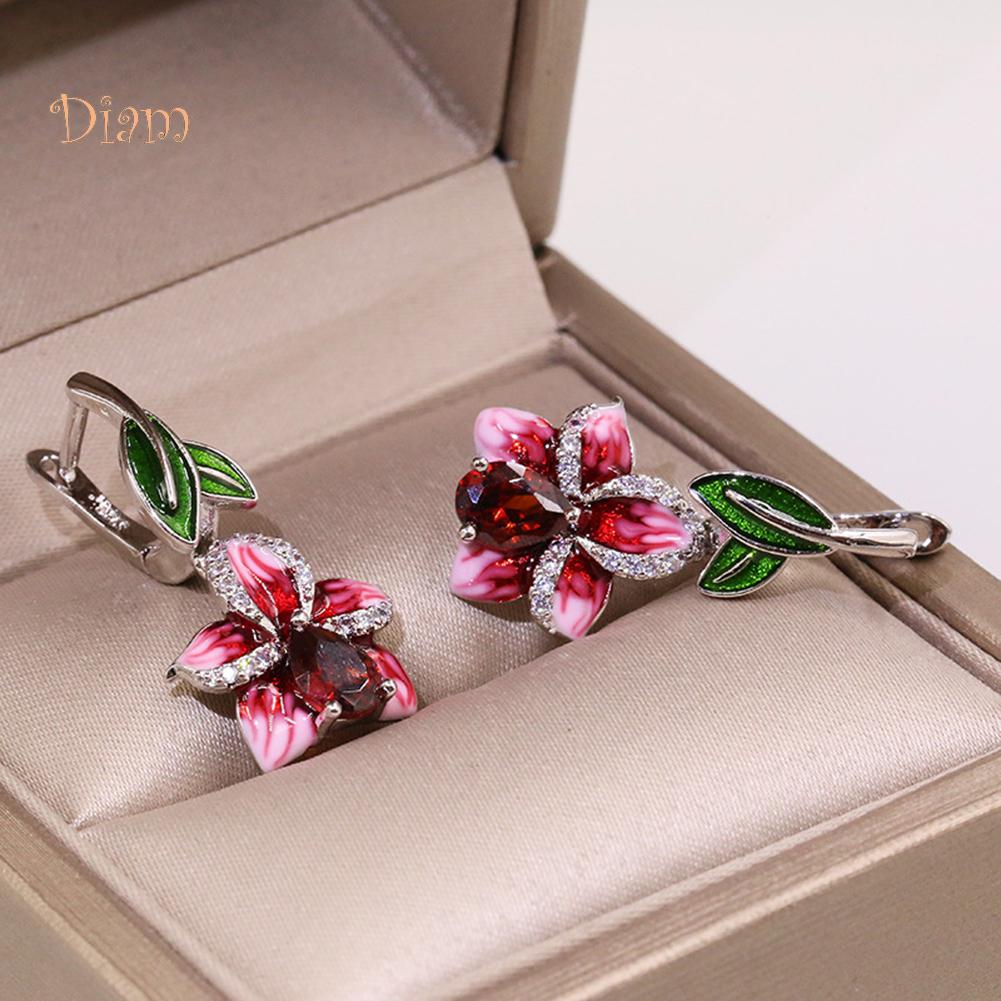 Diamonding Jewelry Chic Women Enamel Leaf Flower Pendant Crystal Stone Inlaid Leverback Earrings