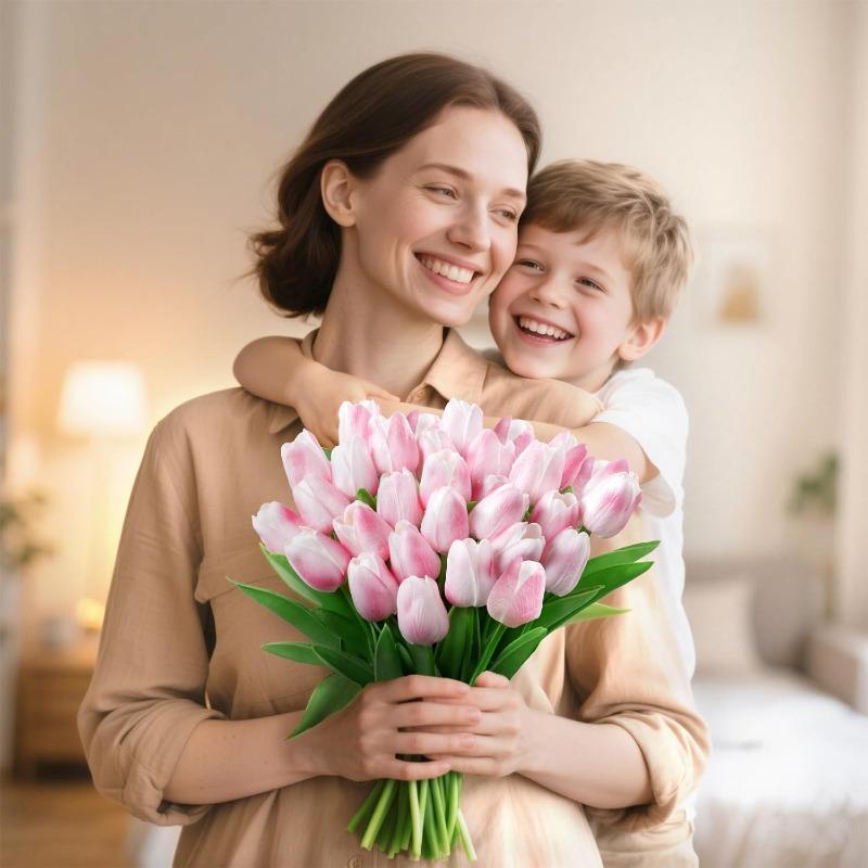 30Pcs Fake Tulips Artificial Flowers with Stems Faux Tulips Bouquet Real Touch Flower for Wedding Home Kitchen Spring Easter Mother's Day