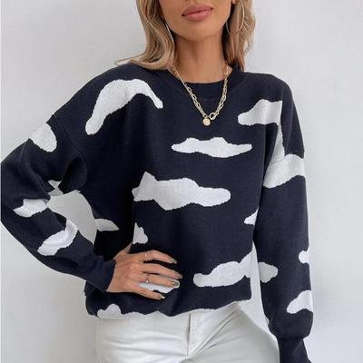 Осенний свободный вязаный свитер, женские джемперы с облачным принтом, женские свитера с длинными рукавами, зимние винтажные трикотажные изделия с круглым вырезом 28473
