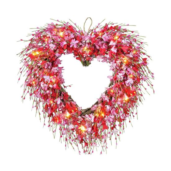 Holiday Wreath Heart Shape Indoor Outdoor Decorative Wreath with Festive Flowers Greenery Home Party Office