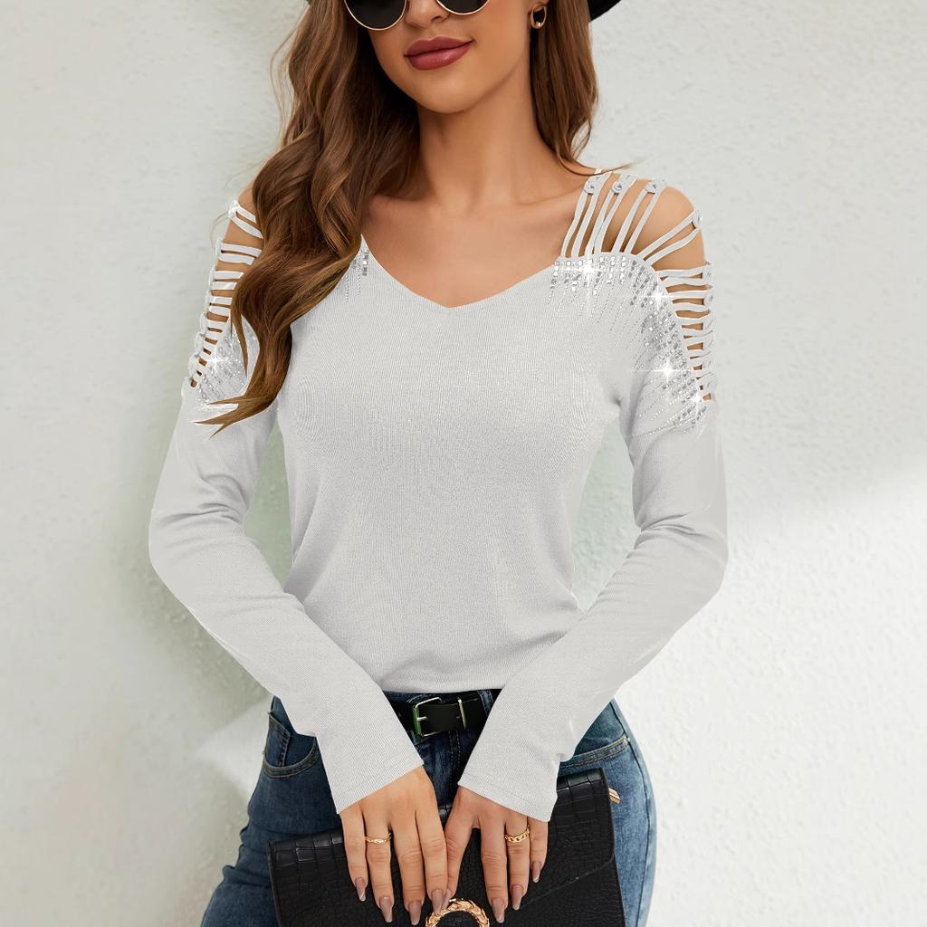 Syiwidii Fashion Spliced Diamond Shirts for Women V Neck Hollow Out Long Sleeve T Shirt Elegant Temperament Slim Tops