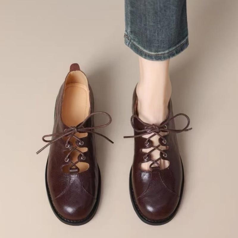 Fashion Spring And Autumn New Retro Loafers 2025 British Style Round Toe Lace Up Women's Flat Oxford Shoes Casual Elegant Single Shoes