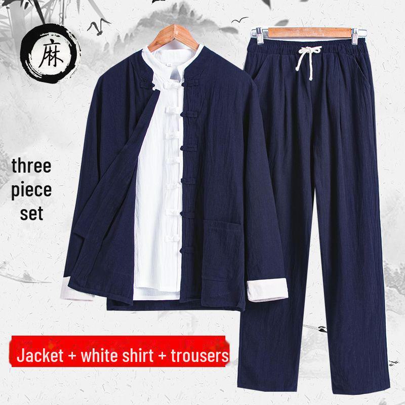 Мужской костюм Тан из хлопка и льна: Древний стиль ханьфу для медитации и чайных церемоний - весна, лето, осень.