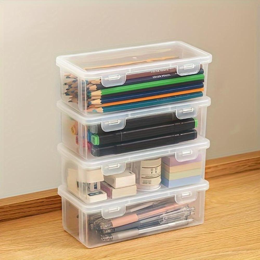1/2/4PCS Plastic Clear Storage Box, Desktop Pen Pencil Marker Box, Flip Organizer with Hinged Lid, Back To School Supplies, Office Storage Box