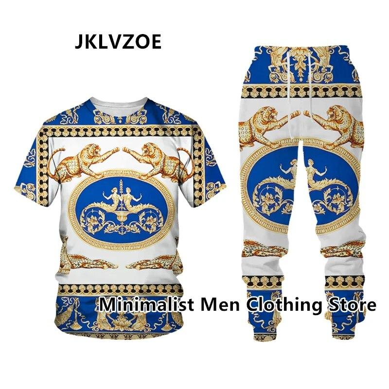 Мужской спортивный костюм, элитный бренд, футболка с коротким рукавом + длинные брюки, комплект из 2 предметов с золотистым 3D принтом, спортивная одежда для бега, повседневная уличная одежда
