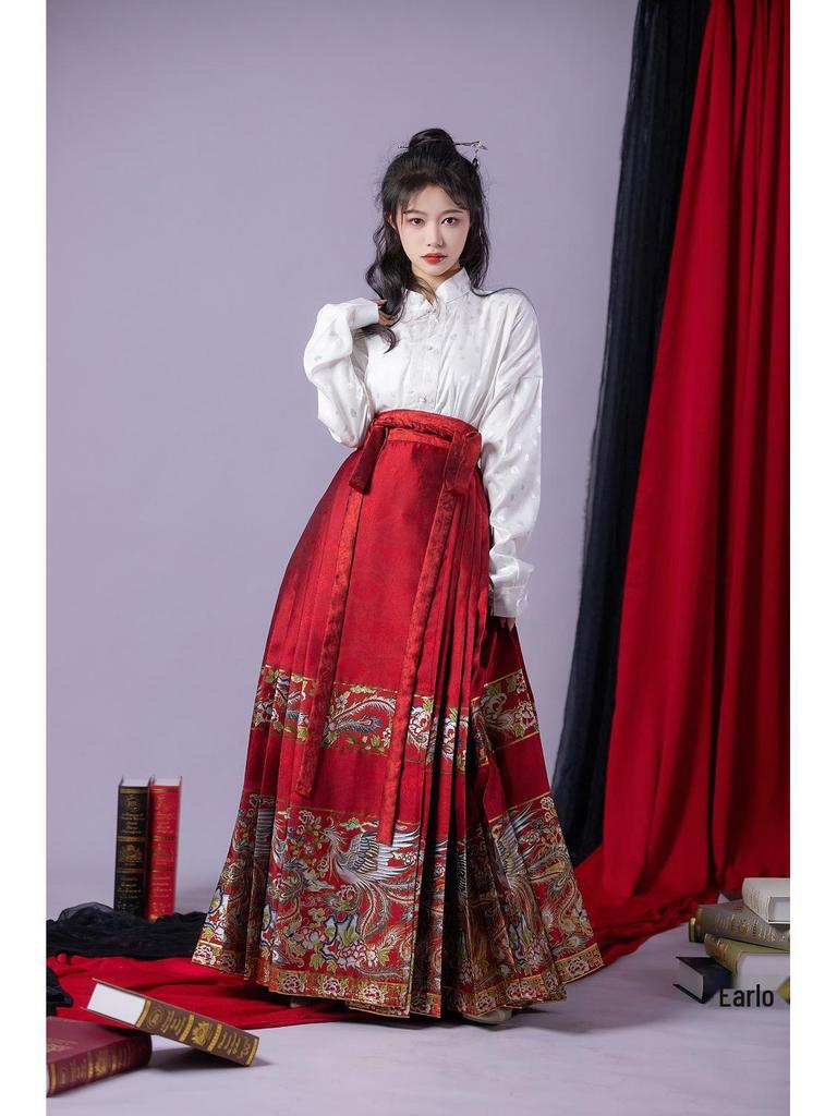«2023 Оригинальная юбка в стиле ханьфу с изображением феникса и цветов, мордочки лошади — китайское красное помолвочное платье»