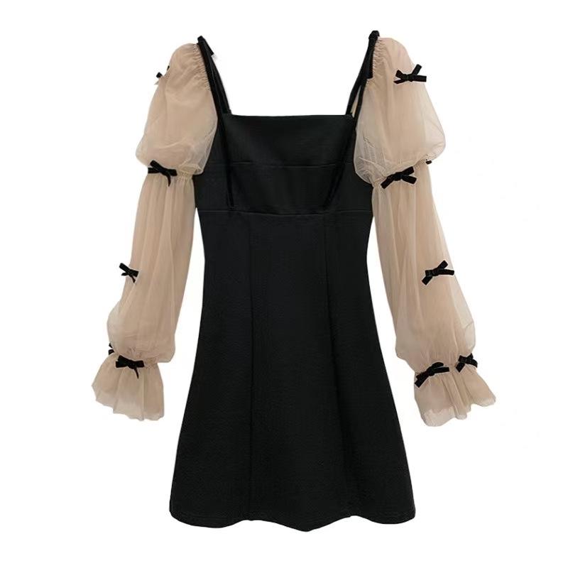 «Элегантное маленькое черное платье во французском стиле с длинными рукавами и сетчатой вставкой для женщин — весна/осень, омолаживающий, имитация двухкомпонентного дизайна»