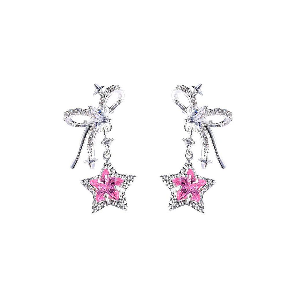 Серьги-подвески из серебра S925 с супер-блестящим бантом и звездой, с бриллиантовой бахромой: Модный, Универсальный, Дизайн легкой роскоши