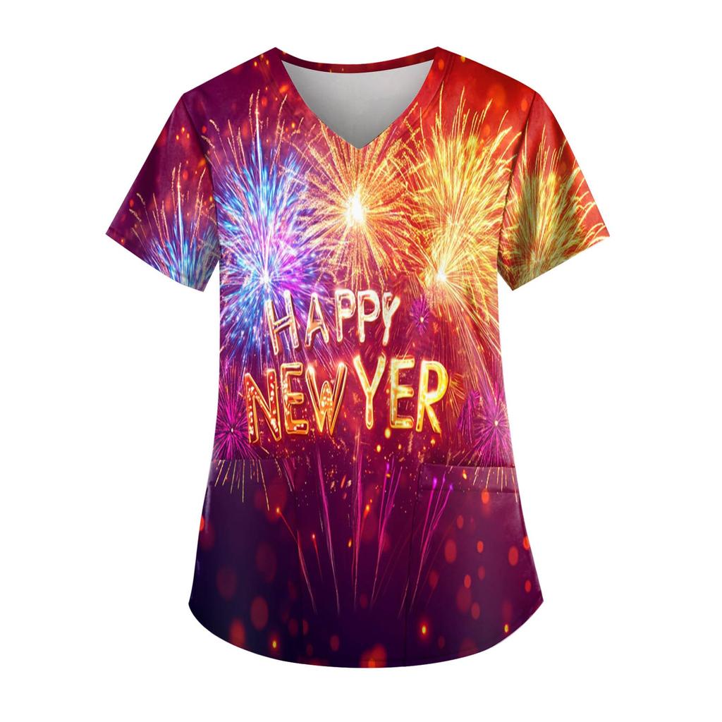 Women's Fashion New Year Printed Short Sleeve V-Neck Top Small Pocket Work T-Shirt
