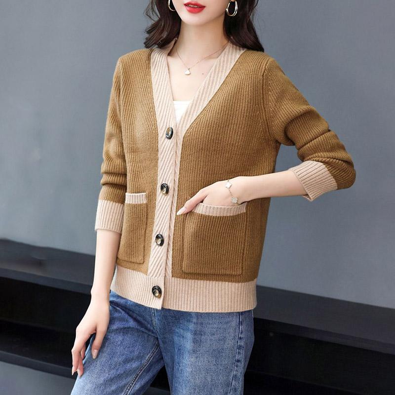Женская куртка на весну и осень, свободный эластичный уютный свитер, кардиган, повседневный вязаный топ с v-образным вырезом