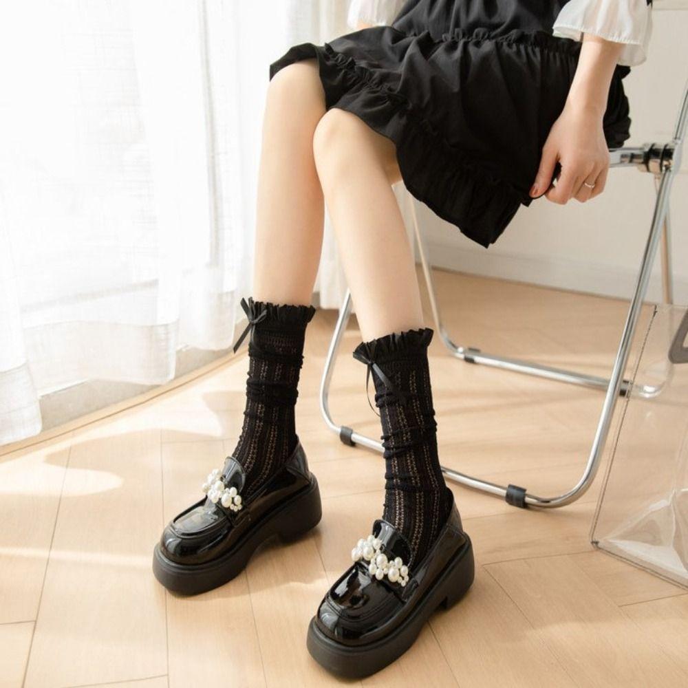 Ультратонкие Черные Кружевные Носки Y2K До Колена Японский Стиль Бант Женские Носки Девочки
