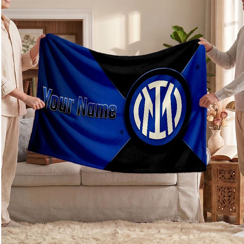 Inter Milan Personalized Fleece Blanket With Football Logo, Custom Name Text Soft Warm Home Throw Blanket