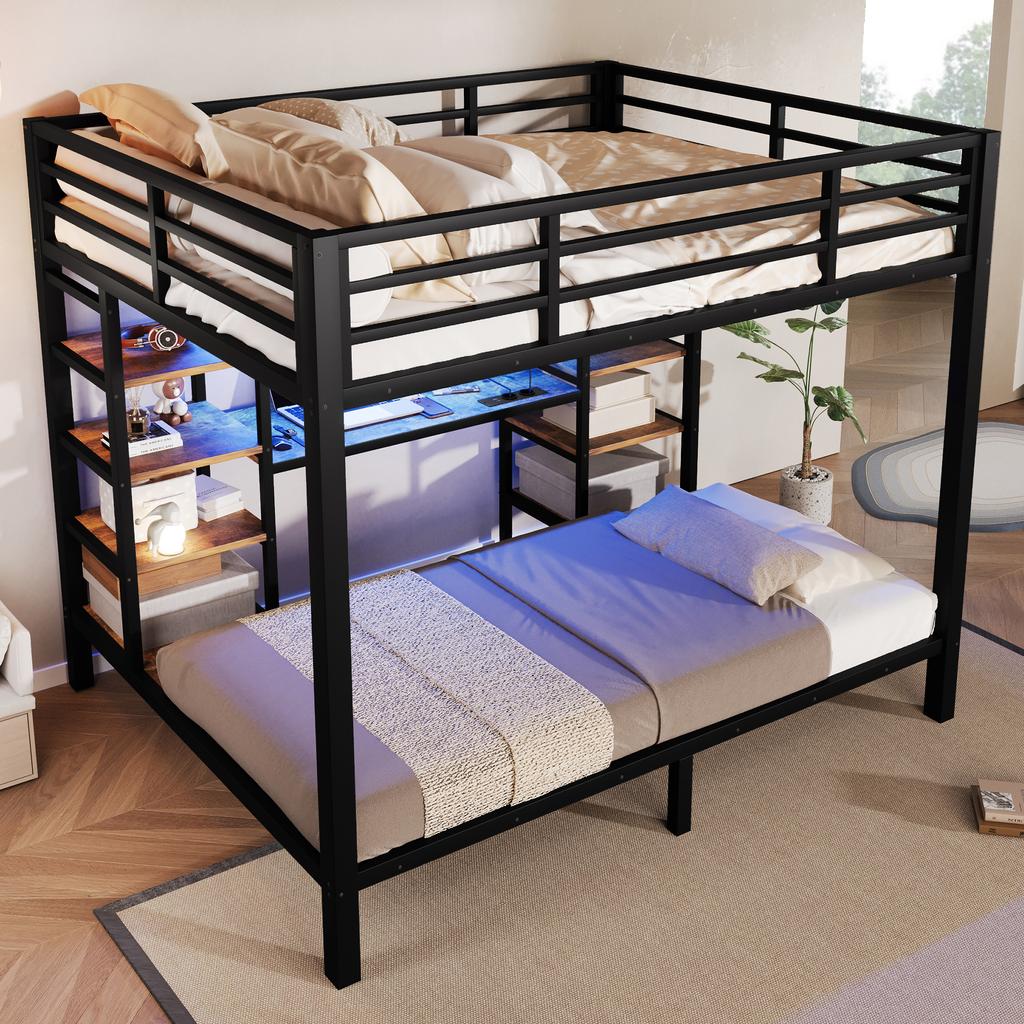 Bunk Bed, 90 x 200 cm, 140 x 200 cm, Metal Bed Frame, Storage, Supports USB, Type-C and Round Sockets, LED Lighting, Without Mattress, Black