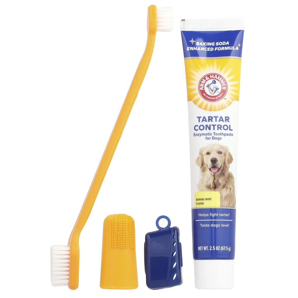 Arm & Hammer Контроль зубного камня, Набор для ухода за зубами собаки, Банан-мята, Набор из 4 предметов