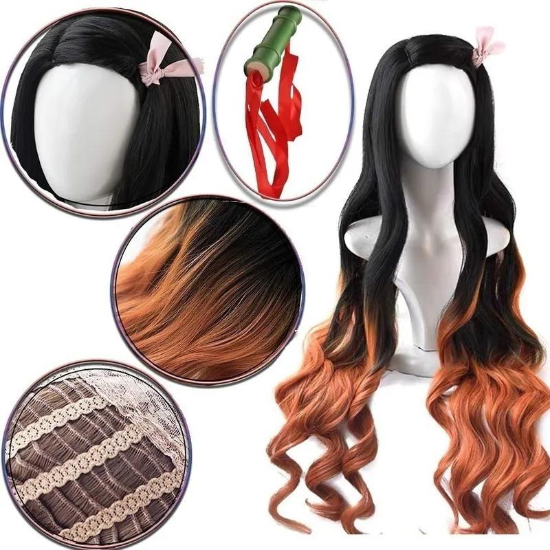 Взрослых женщин аниме Demon Slayer Kamado Nezuko косплей парик длинный кудрявый костюм кимоно костюм одежда дети девочки