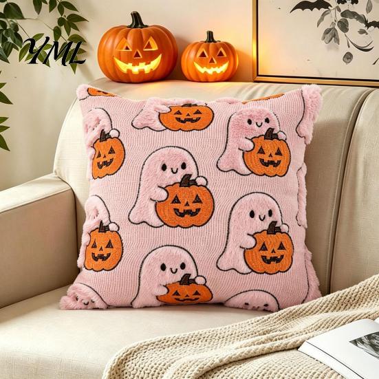 Holiday Throw Pillow Covers Ghost Pumpkin Cushion Cover, Halloween Cute Cozy Bedroom Cover Embroidered Case, Soft Plush Pillowcase for Couch Sofa Gift