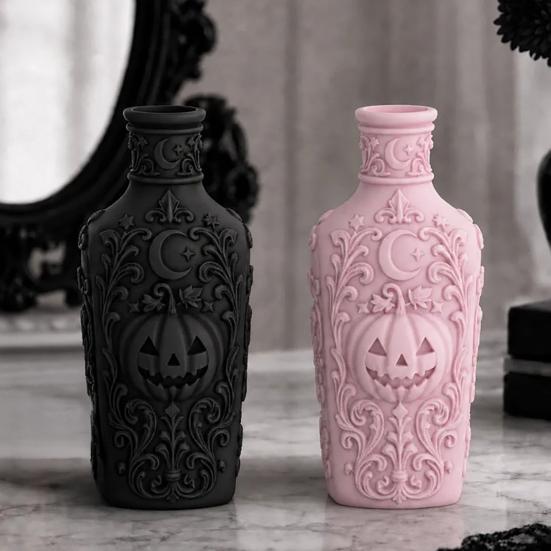 Desktop Ornament for Display Halloween Gothic Pumpkin Vase, 3D Printed Moon Star Embossed Potion Bottle Unique Collectibles Tabletop Ornament,